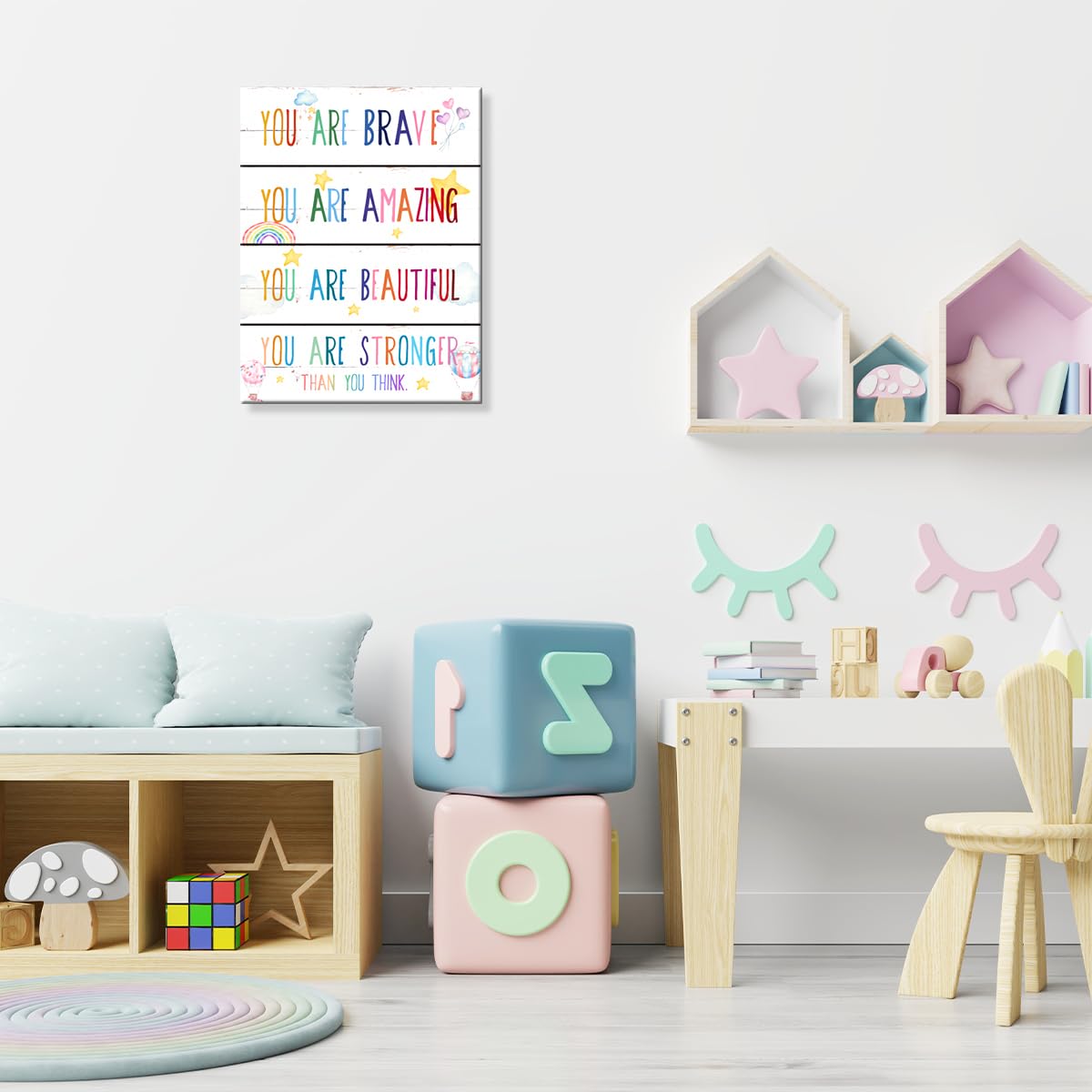 You Are Brave Canvas Wall Art,Positive Affirmations Wall Decor for Kids,Inspirational Quote Canvas Framed Wall Art Ready to Hang for Kids Bedroom Nursery Playroom Decorations