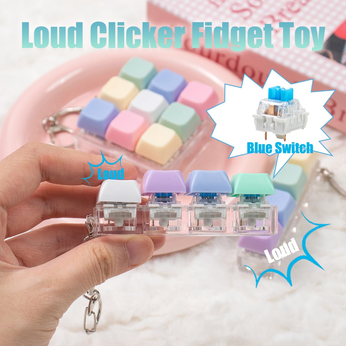 3Pcs Keyboard Fidget Toy for Adults, Loud Fidget Keyboard Keychain, 4-in-1 Keyboard Clicker Fidget Toy Stress Relief, 9Key Fidget Sensory Fun Toys for Anxiety Decompression (Blue Yellow)