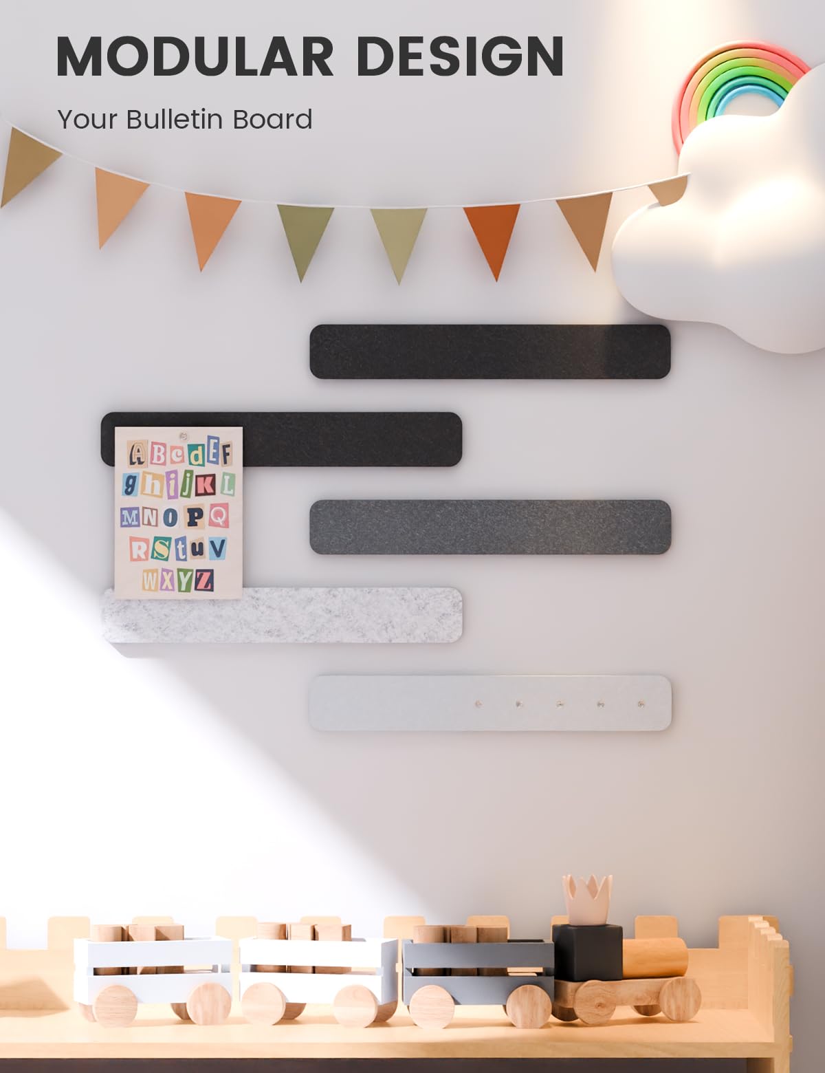 Fluxynara Cork Board Alternative Felt Strip Board 5-Pack 13"x2", Office Pin Board with 35 Push Pins, Adhesive Install for Bedroom Door & Home Office (Concrete Echo)