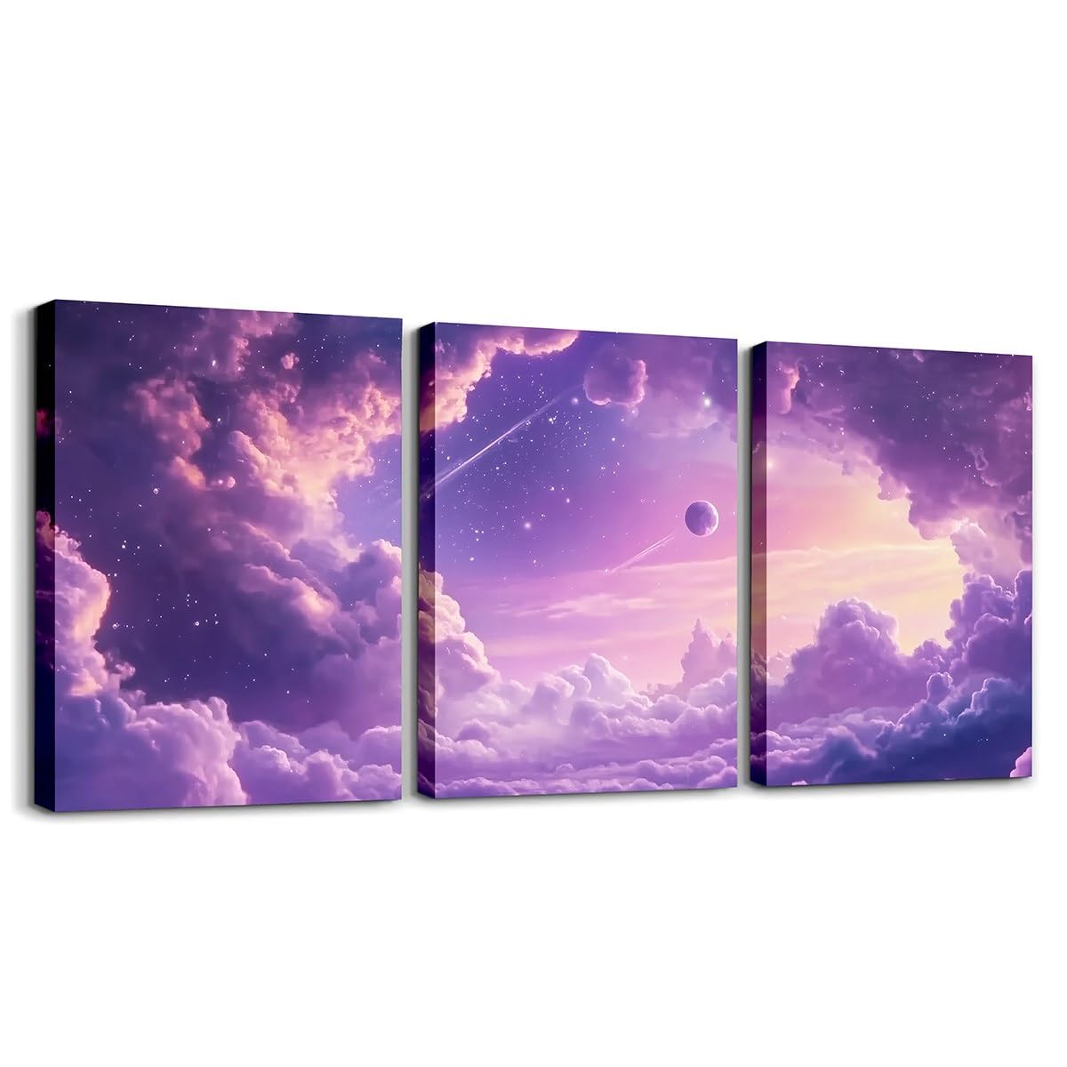 Feelyou Purple Galaxy 3 Piece Canvas Wall Art for Living Room Bedroom Starry Galaxy Wall Art for Home Decor 3D Printed Space Office Decor Artwork Dreamy Nebula Picture Painting Posters