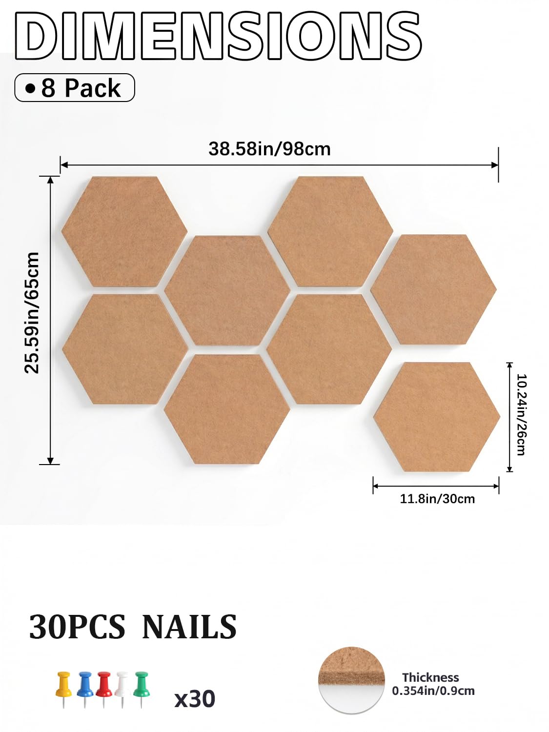 Uoisaiko 12" Large Bulletin Board with 30 Push Pins, Pack of 8 Hexagon Felt Pin Board Notice Boards for Home Office, Felt Wall Tiles for Photos Memos (Brown)