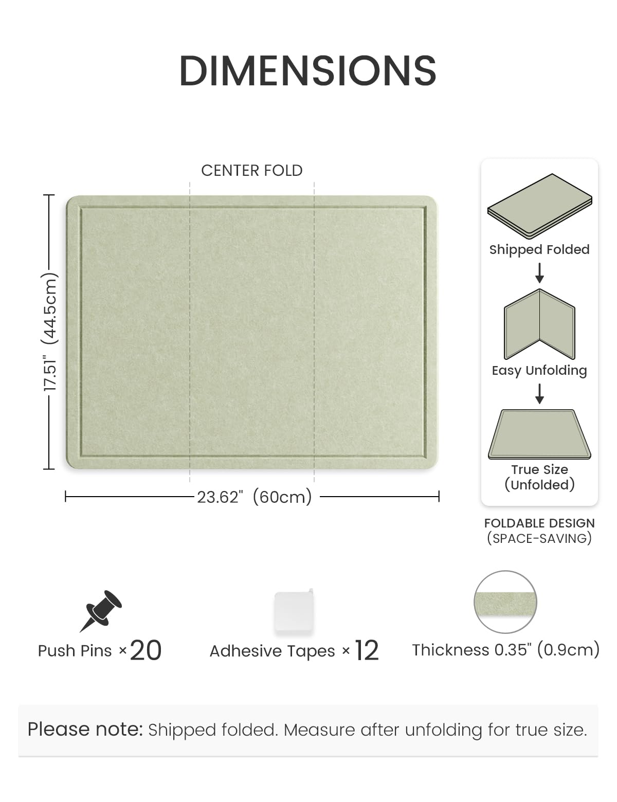 Fluxynara Bulletin Board, 23.6" x 17.5" Cork Board Alternative with 12 Safe Removable Adhesive Tabs, Foldable Felt Pin Board for Home Office, Classroom, Bedroom,Entryway for Walls—Sage