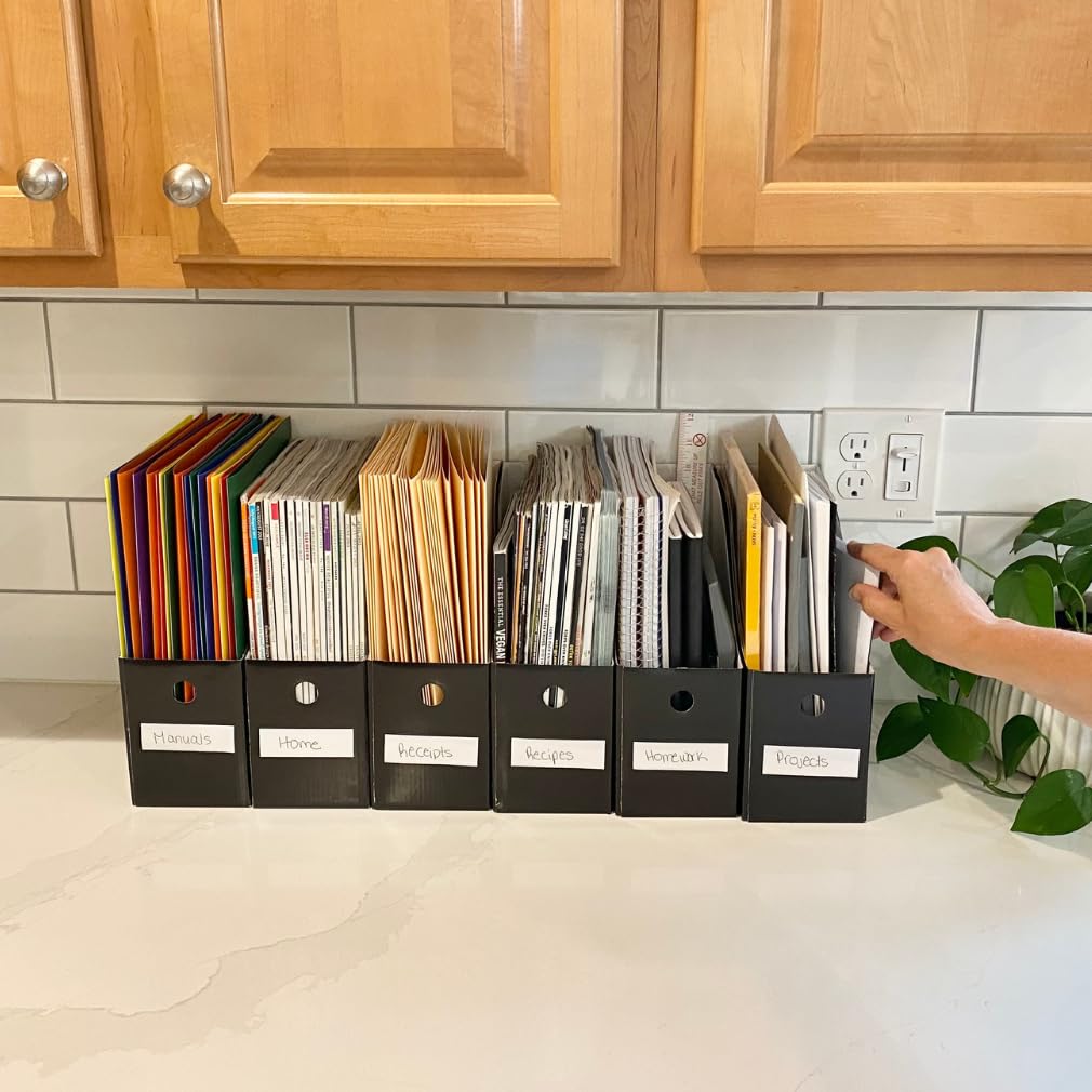 Evelots Magazine File Holder - Set of 6 Black - Office Desk Organizer - Sturdy Cardboard - New Upgraded Double Front Panel for More Stability - Full 4 Inch Wide - Easy Assemble