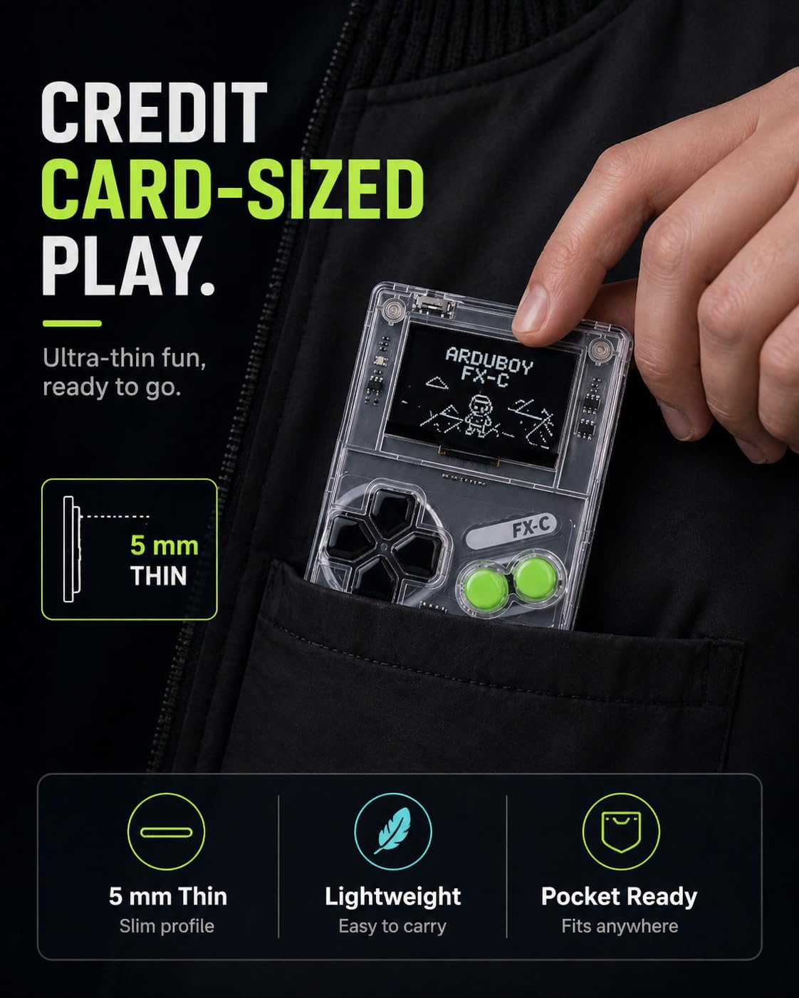 Arduboy FX-C Programmable Open Source 8-Bit Retro Handheld Game Console - 300+ Preloaded Classic Games, STEM Coding Board, USB-C Multiplayer, Credit Card Size Pocket Retro Gaming Device