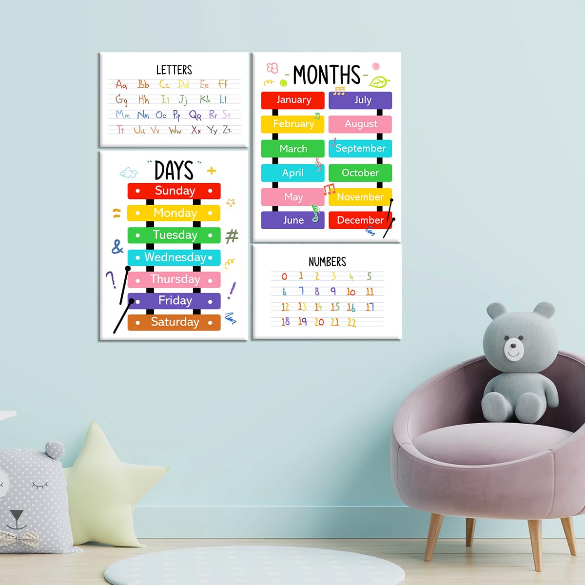 Colourful Alphabet Educational Wall Decor,Abc Chart Number Chart Educational Wall Art Canvas Frame Poster Print for Classroom Homeschool Nursery Wall Decor Set of 6