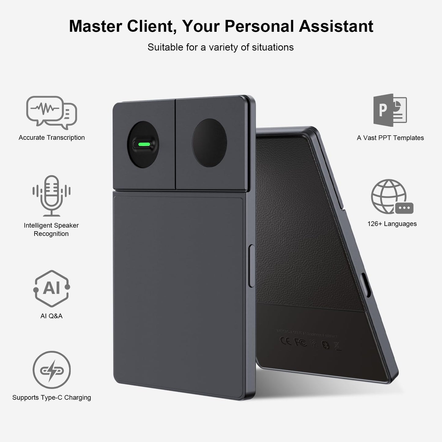 Yiugae Note AI Voice Recorder Personal Assistant AI Transcribe & Summarize Support 126 Languages 64GB Portable AI Note Taking Assistant for Phone Calls, Meetings＆Interveiws, Magnetic