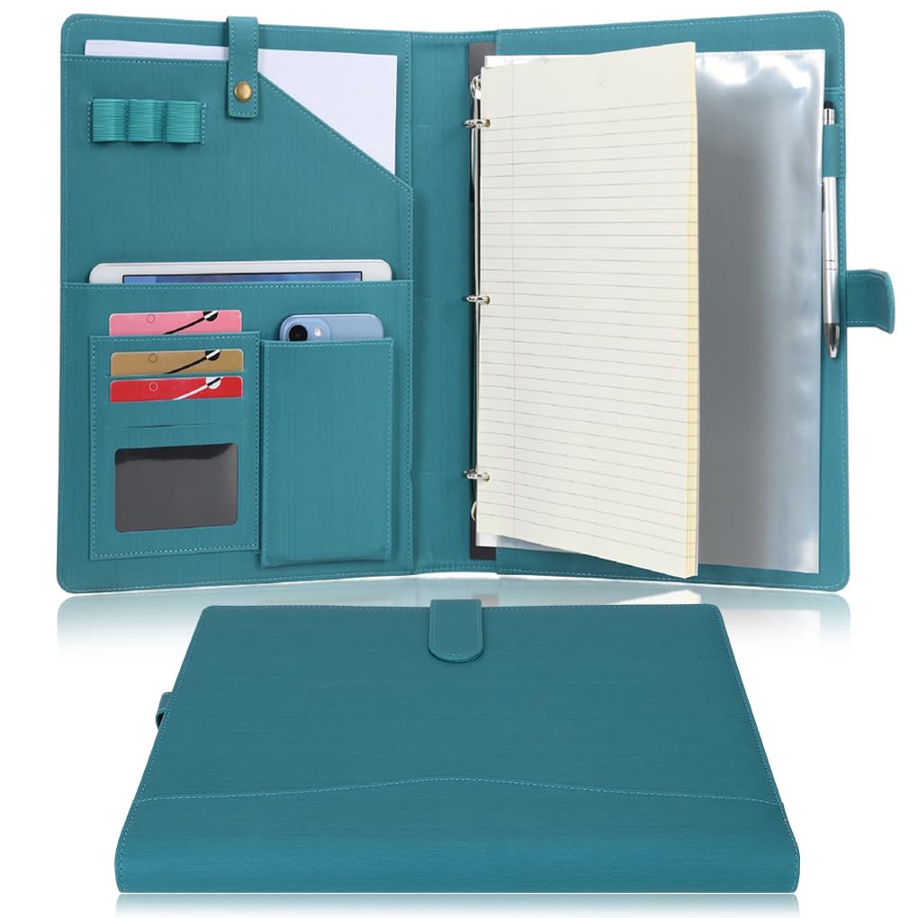 Wonderpool A4 PU Leather Portfolio Holder Ring File Document Case with Removable Binder Clipboard, Multi Pocket and Legal Pad for Business Organizer Interview and Meeting (Cyan)