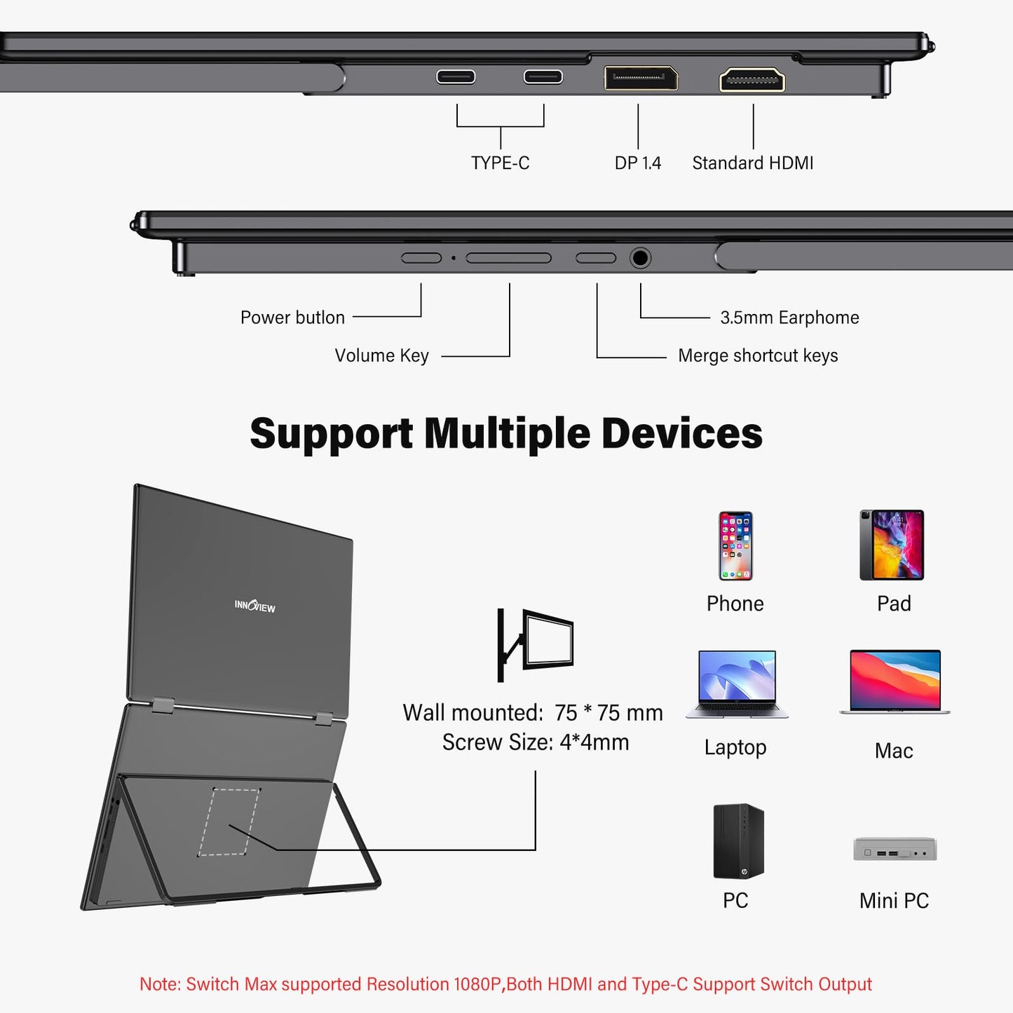 InnoView Portable Dual Monitor 15.6" 3840x2160P 4K 100% sRGB | Owl Eye Vision - Foldable Design with 315° Screen Adjustment, 180° Stand | DP/USB-C/HDMI, Dual Screen Extender for Laptop, Mac, Windows