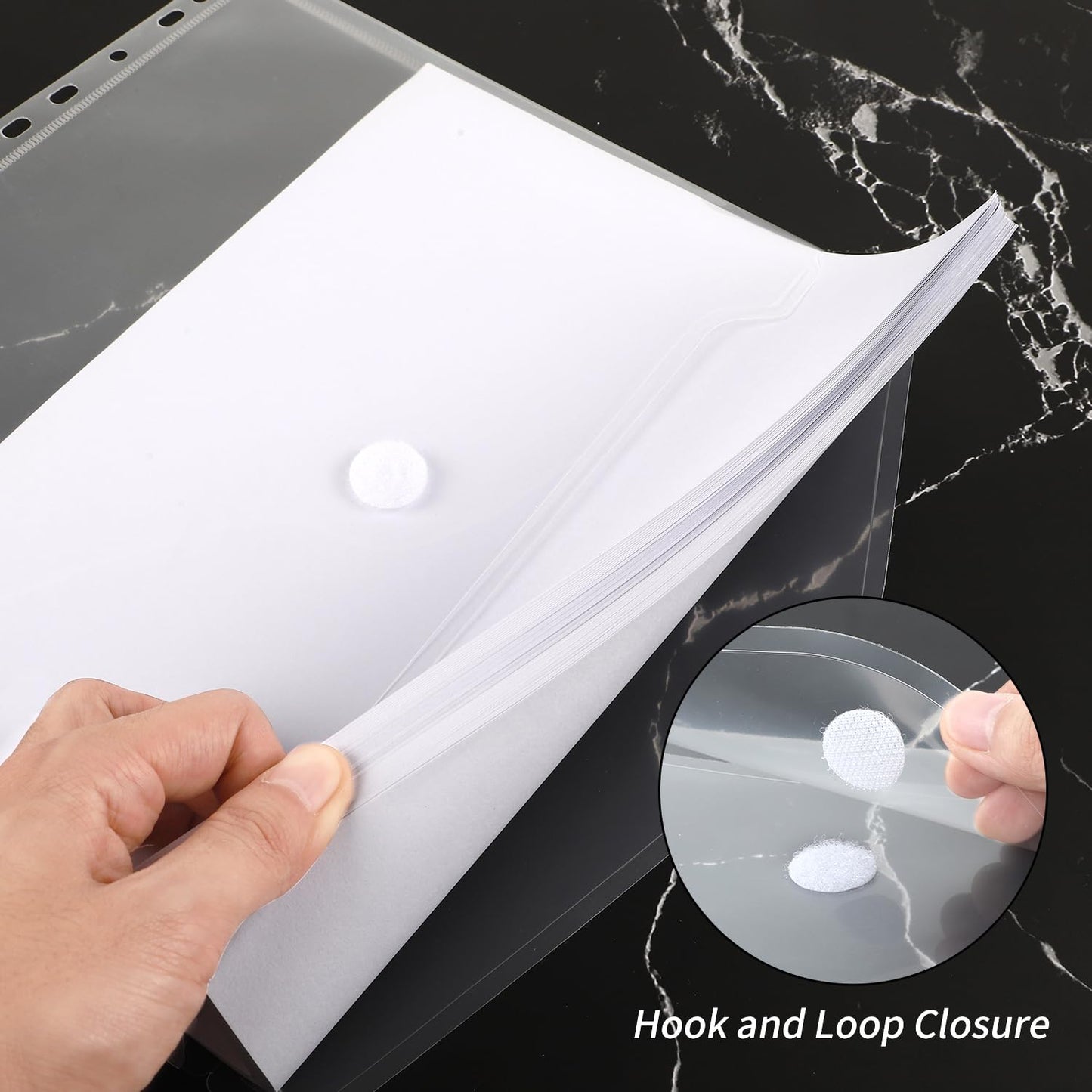 EOOUT 30Pcs Binder Folders, Binder Pockets, 11 Holes Clear Binder Organizer Poly Envelope with Hook and Loop Closure, Plastic Binder Folders for School and Office Supplies, Letter Size