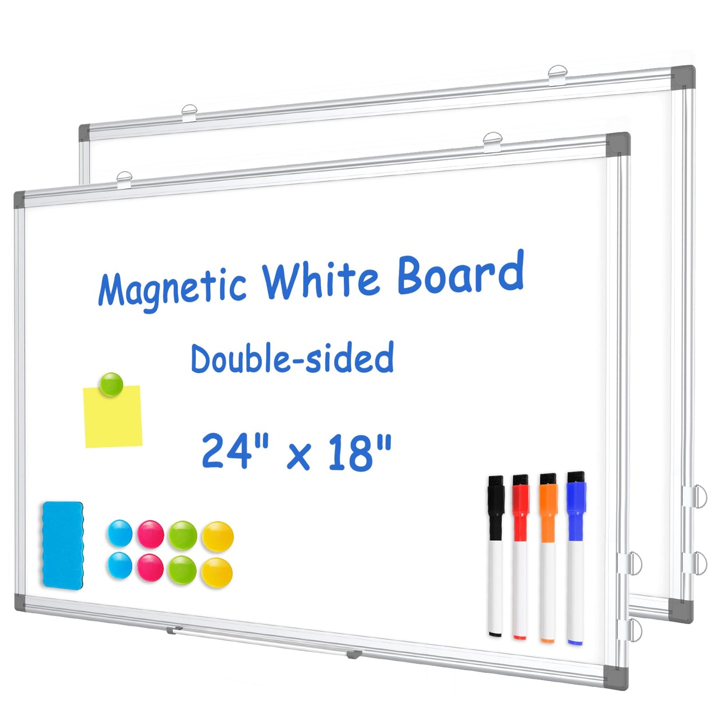 WALGLASS 2 Pack White Board, 24" x 18" Double-Sided Dry Erase White Board for Wall, Hanging Mounted Whiteboard, Horizontal or Vertical Silver Aluminium Frame for Home, School, Office, Kitchen