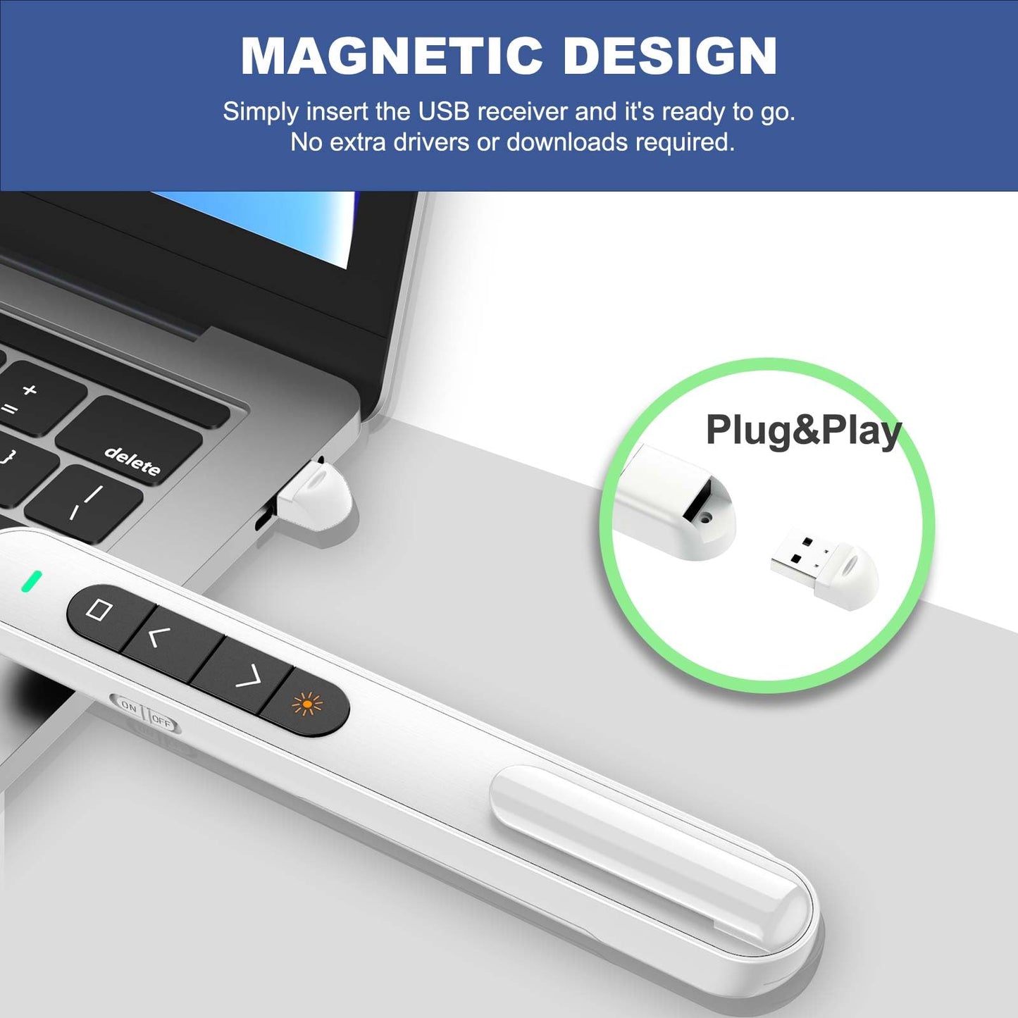 QUI Presentation Clicker with Volume Control, 2.4GHz USB Wireless Presenter Remote, PowerPoint Clicker Slide Advancer Compatible with Mac, Windows, Google Slides, Keynote