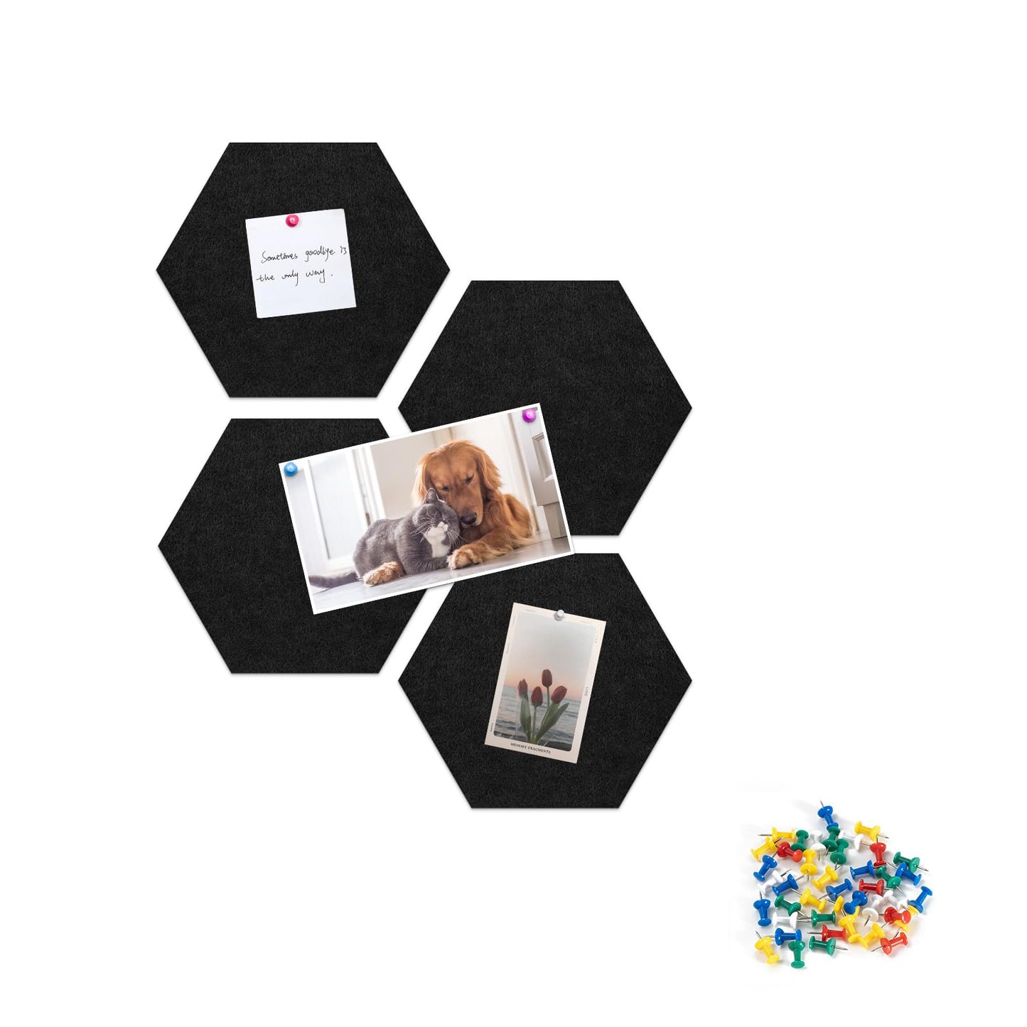 Uoisaiko 4 Pack Hexagon Felt Bulletin Board Tiles - 12" Large Thick Pin Board for Walls with 30 Push Pins, DIY Boards for Office Home School Decor, Aesthetic Hex Cork Board Alternative