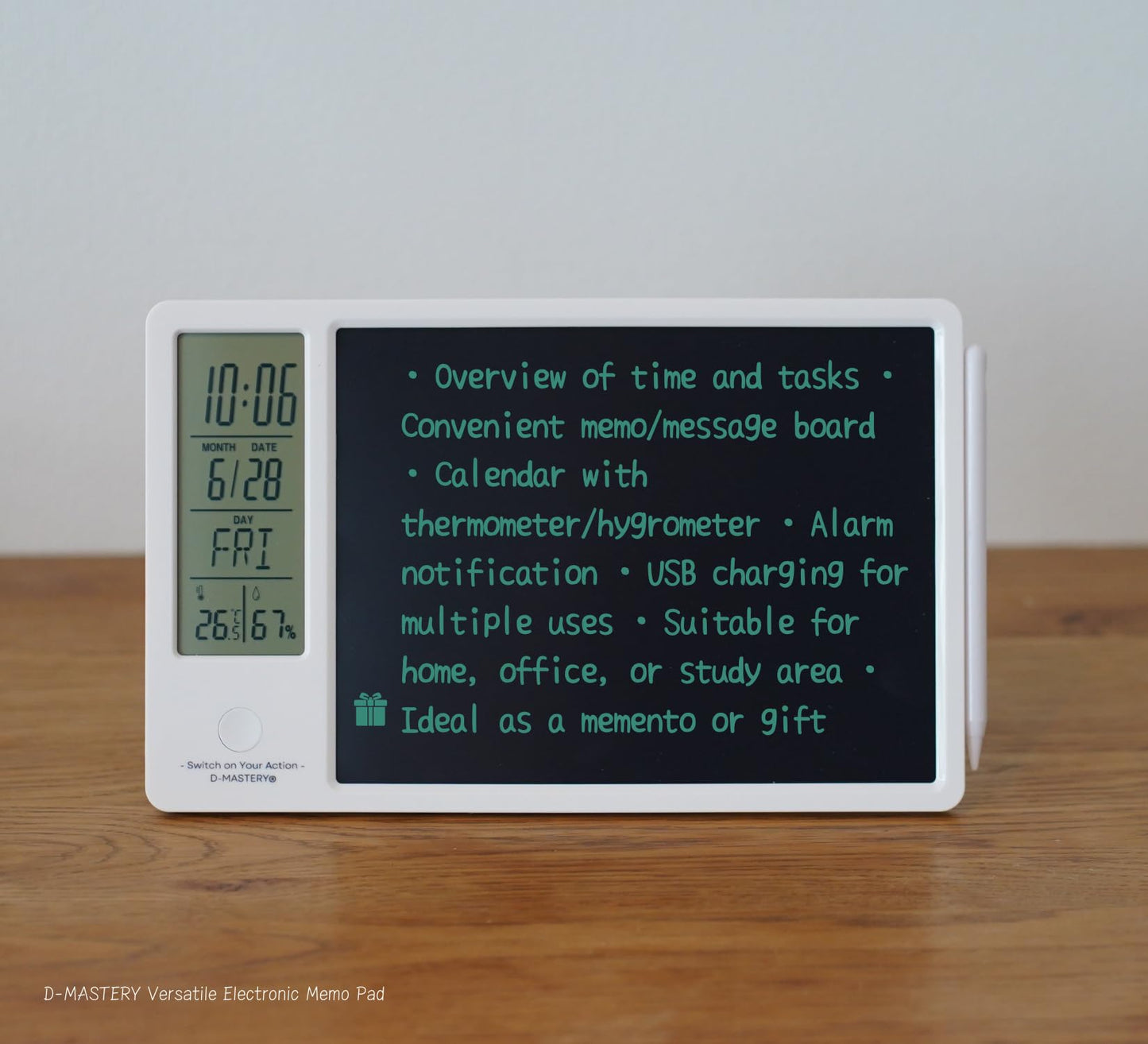 Rechargeable Electronic Memo Pad with LCD Message Board, Thermometer, Hygrometer, Alarm Clock & Desk Calendar – Includes Stand & Magnetic Pen, Ideal for Office Desk or Gift (White)