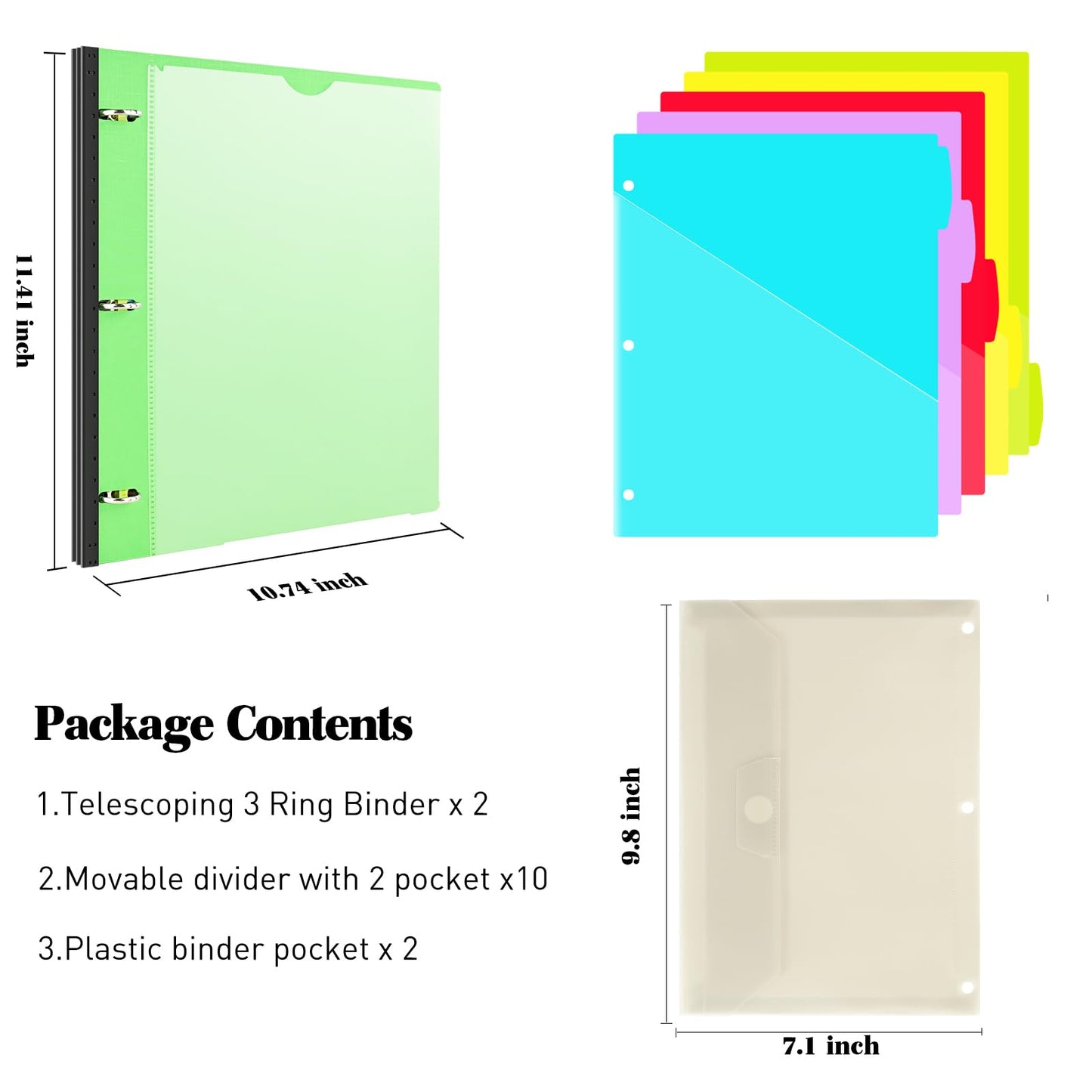 INFUN 1 Inch Telescoping Project Organizer Binder-2PCS,13 Pocket, Customizable Front Cover, 5 Colors Pocket Divider and Plastic Binder Pocket，225 Sheet Capacity-Green