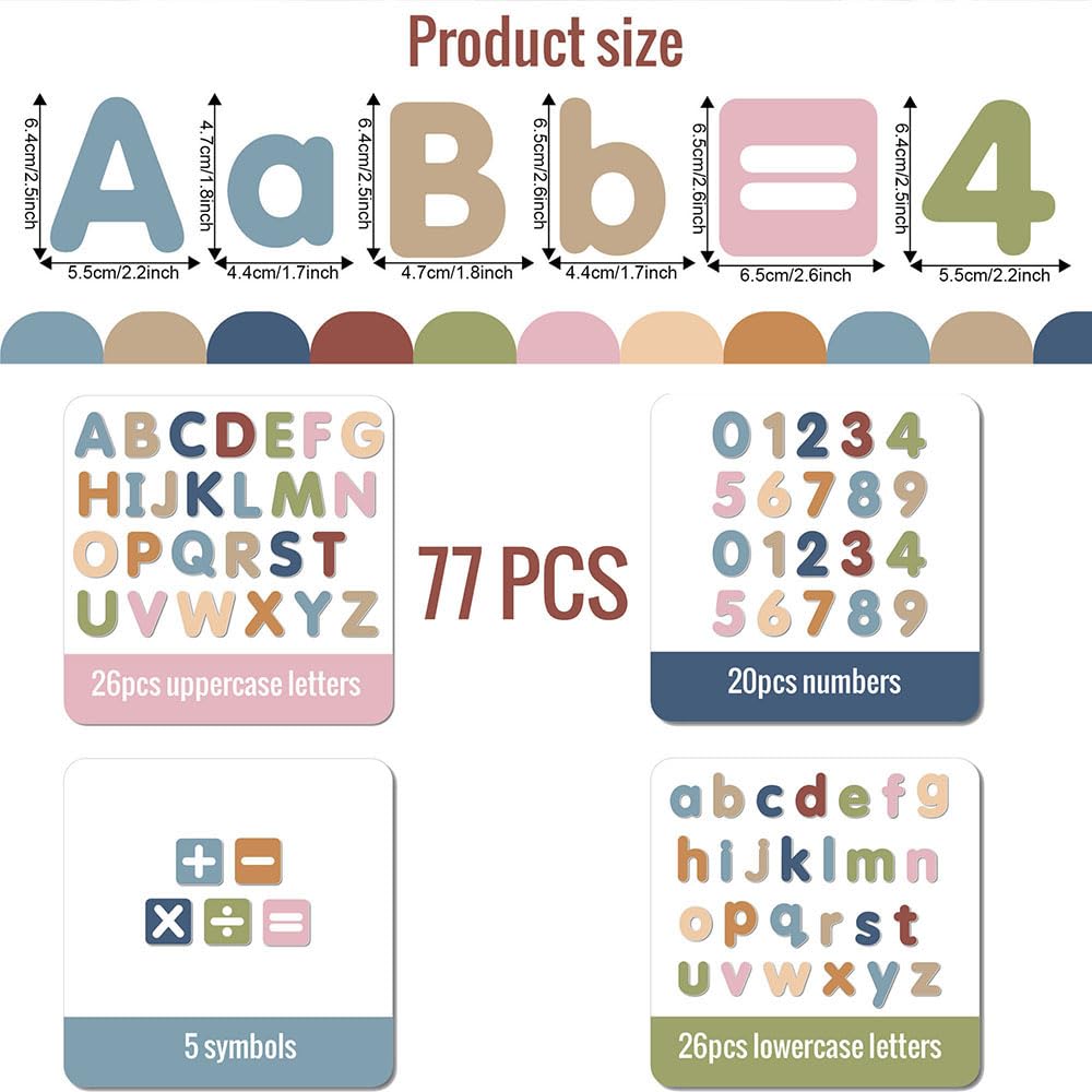 77 PCS Boho Magnetic Letters & Numbers Set, Uppercase & Lowercase Letters with Symbols, Full Magnetic Backing Decorative Fridge & Whiteboard Magnets, Earth Tone Home & Office Decor