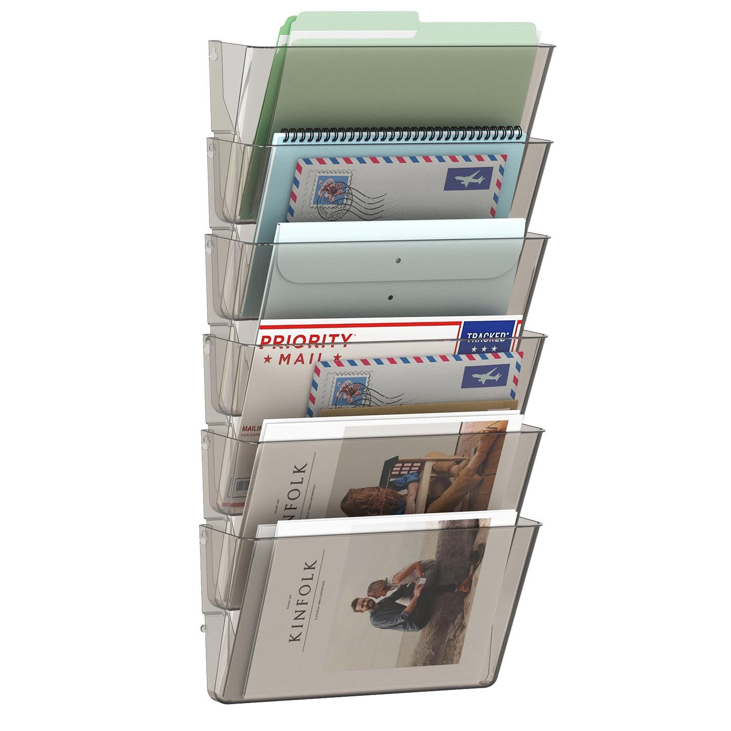 MINDEPOT 6 Pockets Acrylic Wall File Organizer, Clear Wall File Holder, Plastic Hanging Wall File Holder for Office, School and Home, Smoky