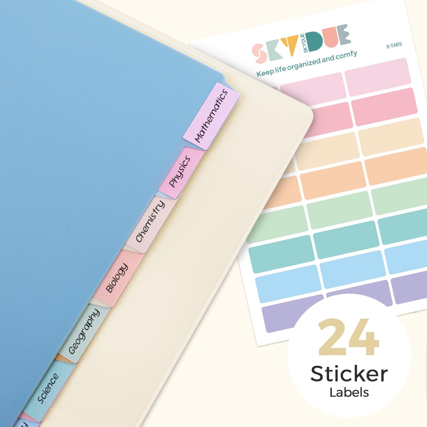SKYDUE 1 Inch 3 Ring Binder with 8 Tab Dividers & 24 Labels, Pastel Binder Organizer for Letter Size Paper, Aesthetic School Binder for Notes, Documents, Office & Home Organization, Pearl White