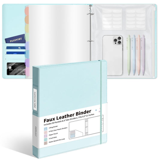 Ospelelf Leather Binder with 58 Plastic Sleeves, 3 Ring Presentation Binder for 8.5x11, Portfolio Organizer with 8 Tabbed Sleeves & Zipper Pocket for Documeents, Artwork, Certificates Blue