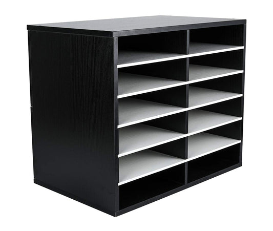 EasyPAG 12 Compartments Wooden Literature Organizer with Adjustable Shelves, 6000 Sheets Capacity Paper Organizer, Classroom Mailbox and Mail Sorter for Teachers and Office, Black/White