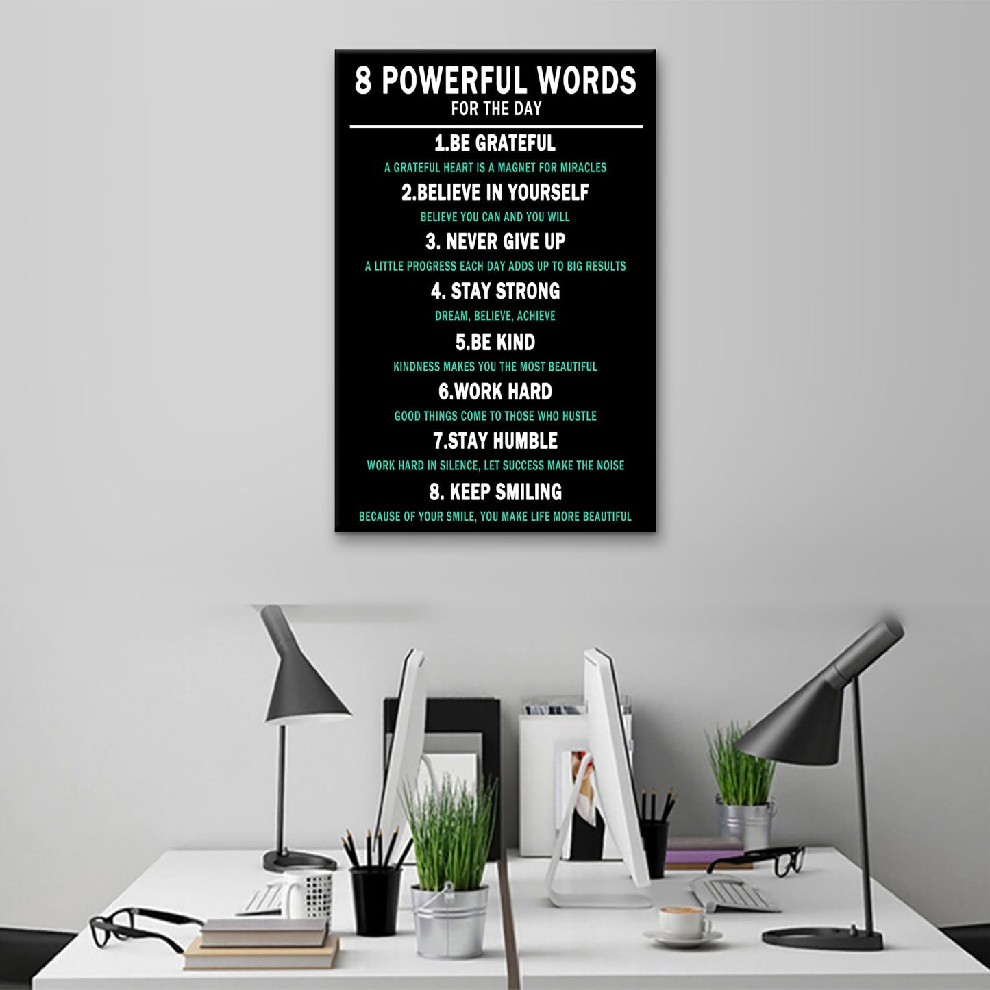PSYYSP 8 Powerful Words Motivational Framed Canvas Wall Art, Black Teal Inspirational Typography Poster, Daily Affirmation Quote Print for Home Office, Bedroom, Dorm, Study Room Decor, 18x12 Inch