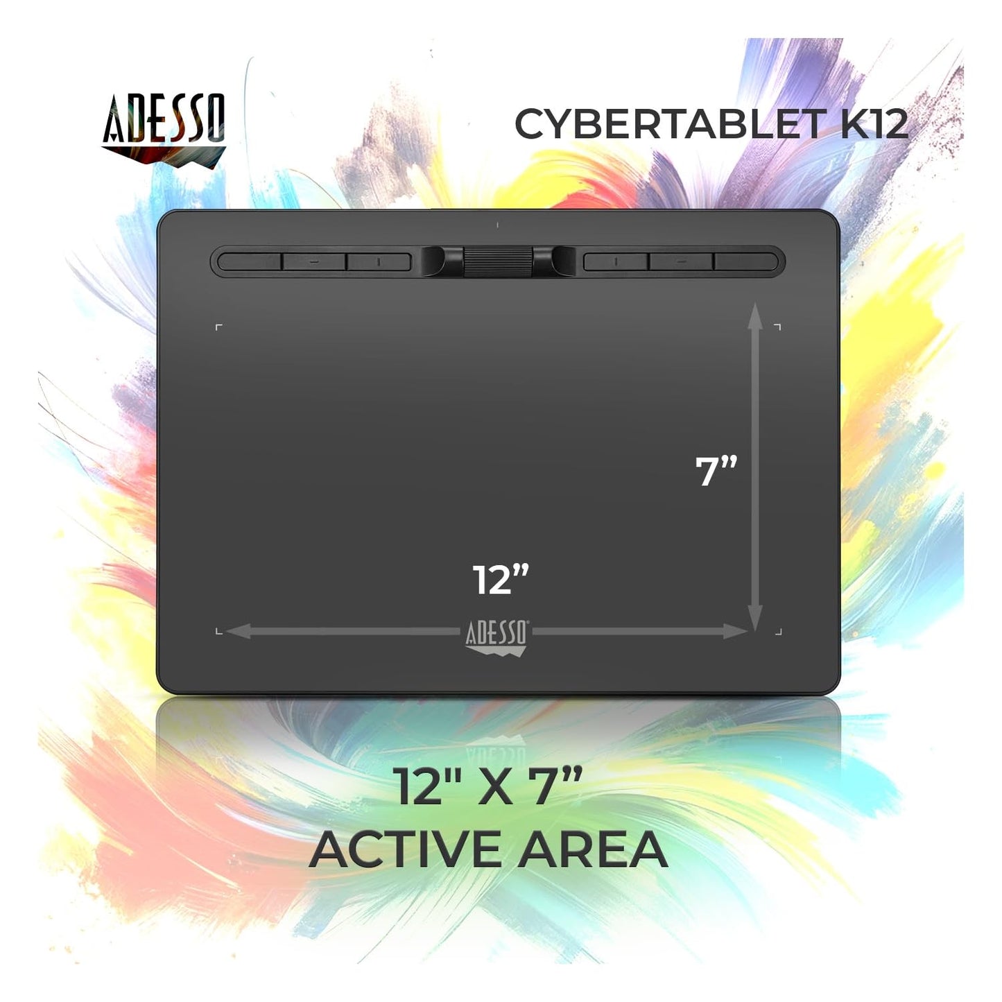 Adesso Large Graphics Drawing Tablet Pad 12 x 7 Inch 8192 Levels Battery-Free Pen, 8 Customizable Keys with Scroll Wheels, Black, Compatible with PC/Mac/Android OS for Painting, Designing, Black