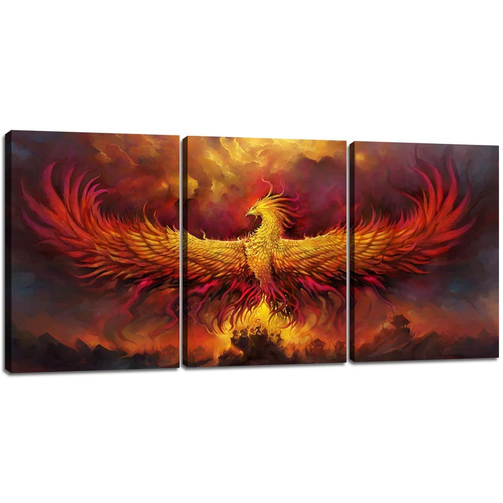 Fire Phoenix Wall Art Prints Volcanic Burning Phoenix Birds Canvas Picture Posters Prints Artwork 3 Piece Home Office Living Room Bedroom Decor Framed Ready to Hang - 36" W x 16" H