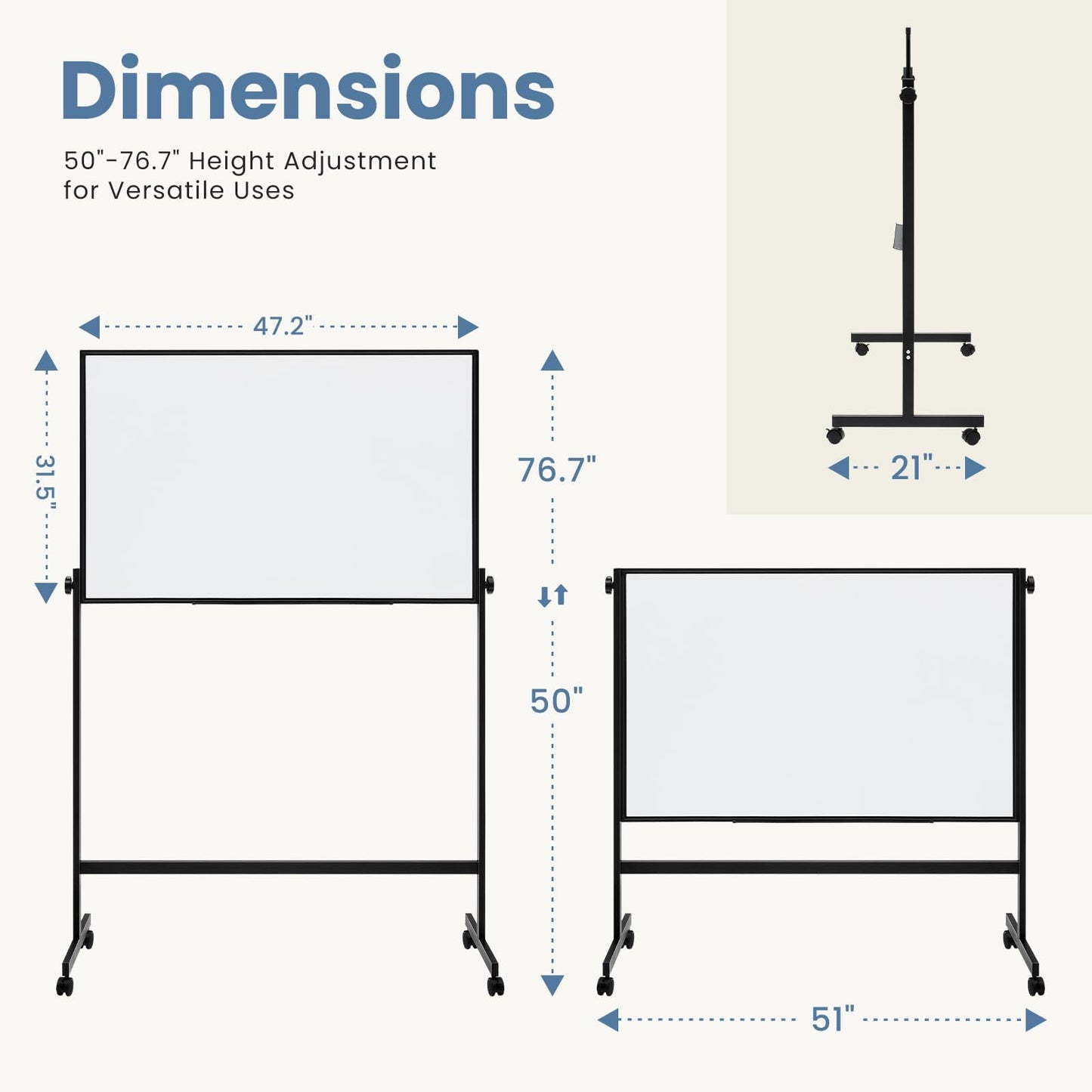 DUMOS Rolling Whiteboard Double Sided 46 x 32 Inches, Magnetic White Board Dry Erase on Wheels, Dry Erase Board with Stand for School, Office and Home, Silver Aluminium Frame, Black