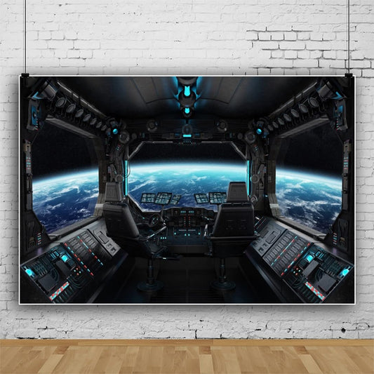 ZJRBJB 10x8ft Spaceship Station Interior Backdrop Outer Space Earth Futuristic Spacecraft Cabin Decorations Background Galaxy Universe Science Fiction Astronaut Adventure Birthday Banner Photo Booth