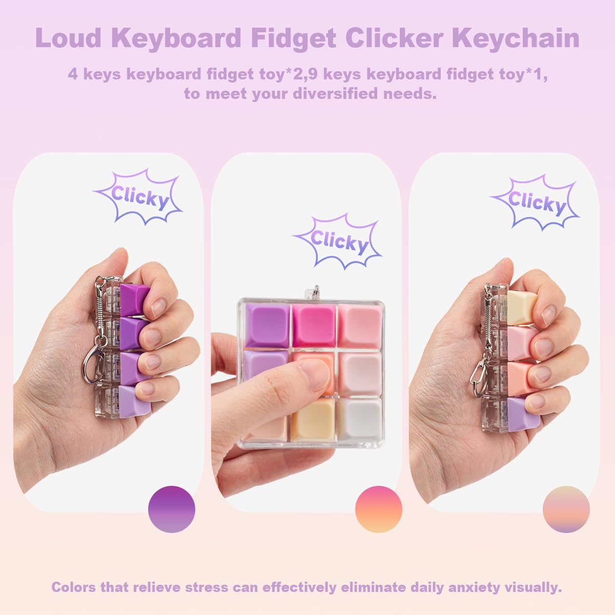 3 Pcs Keyboard Fidget Toy for Adults, Loud Clicky Keyboard Fidget Keychain, Button Fidget Clicker Stress Relief Sensory Toys for Anxiety Decompression Gift (Purple Pink)