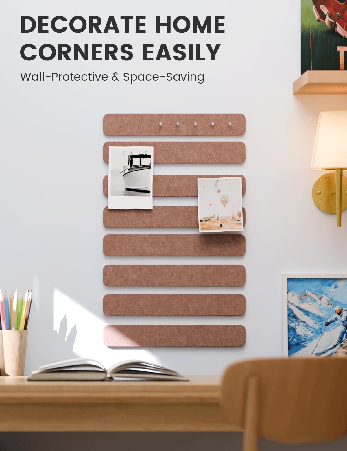 Fluxynara Cork Board Alternative Felt Strip Board 8-Pack 13"x2", Office Pin Board with 50 Push Pins, Adhesive Install for Bedroom Door & Home Office (Terracotta)