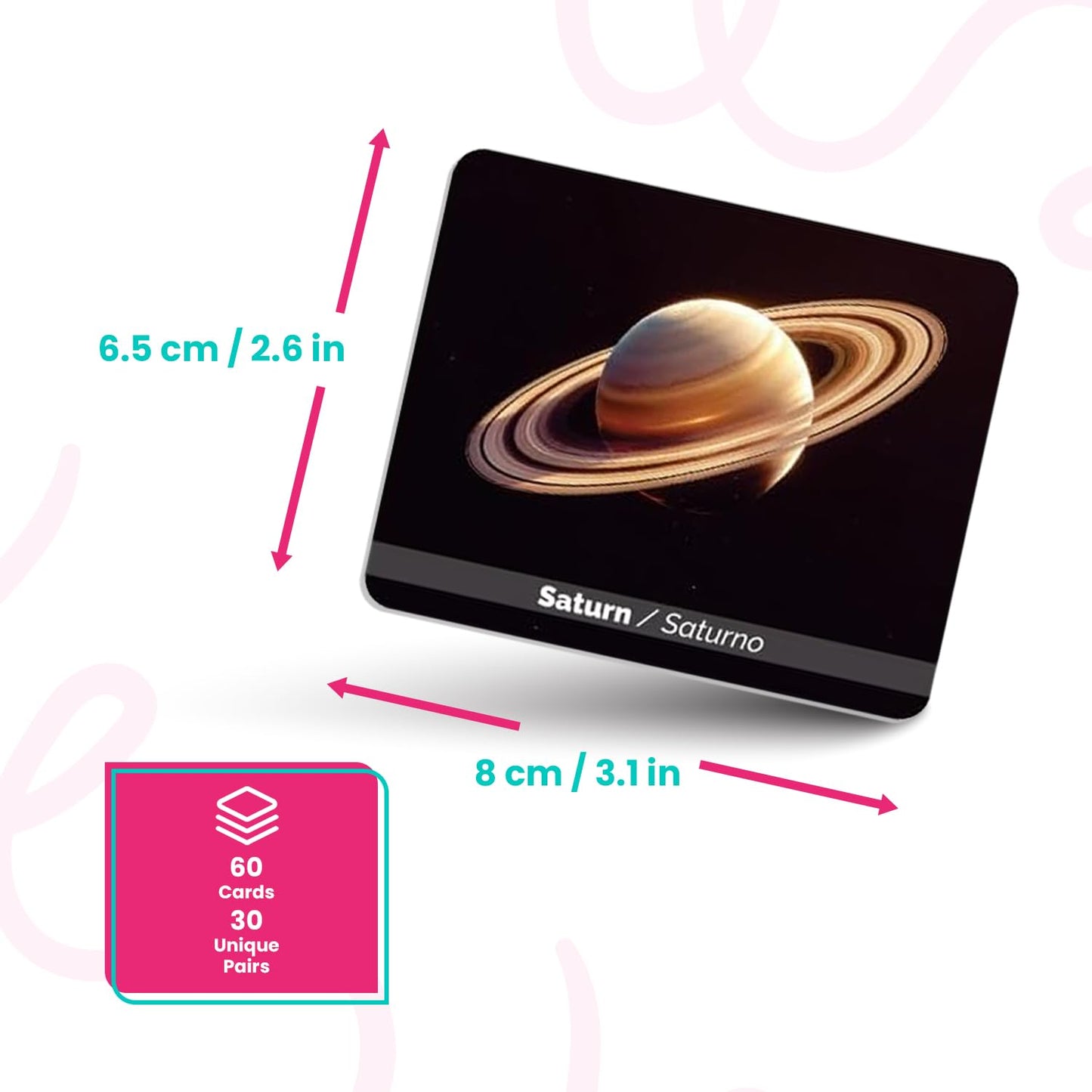 Menique Universe Memory Matching Game – 60 Cards (30 Pairs) – Bilingual Space Game with Planets, Stars & More – Educational for Kids and Adults