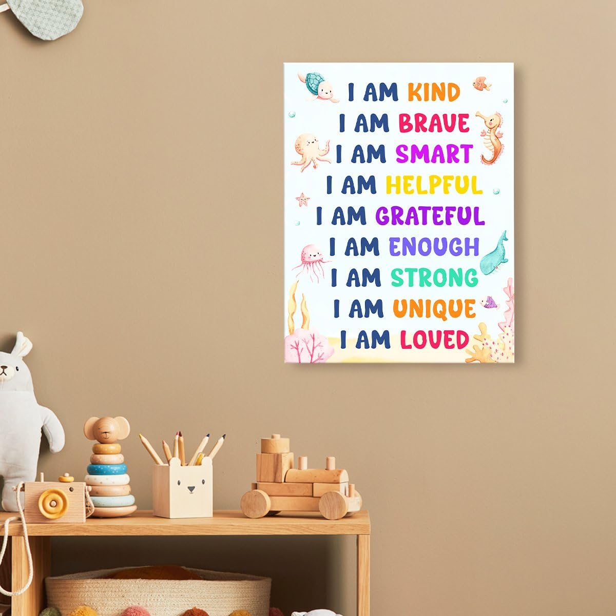 OTINGQD Positive Affirmations Wall Decor for Kids,I Am Kind Smart Canvas Wall Art,Nursery Marine Animal Wall Art,Inspirational Wall Decor for Kids Room Classroom Nursery