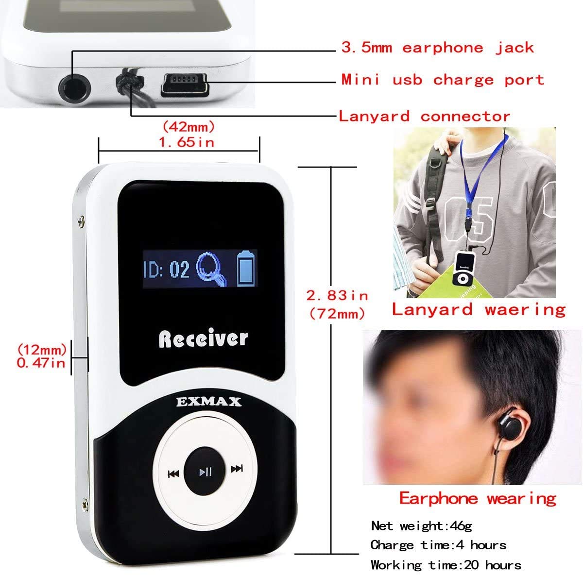 EXMAX Church Translation System Tour Guide Solutions for Social Distancing at Work ATG-100T 195MHz for Meeting Tour Group Exhibition(2 Transmitters & 20 Receivers + Aluminium Alloy Charge Case)