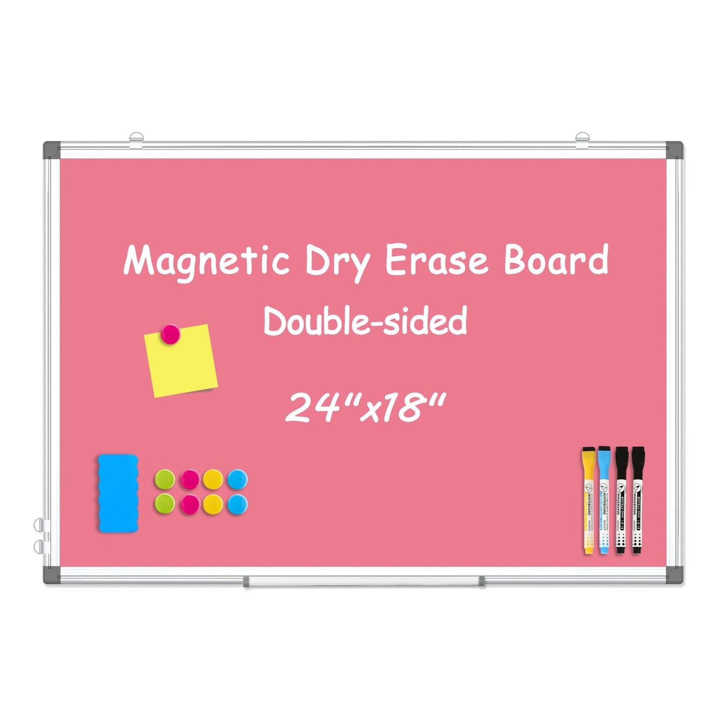 WALGLASS Magnetic Whiteboard 24"x18" Dry Erase White Board for Walls with Pen Tray, Aluminium Frame and Dry-Wipe Writing Surface for Drawing, Home, and Office (Pink)