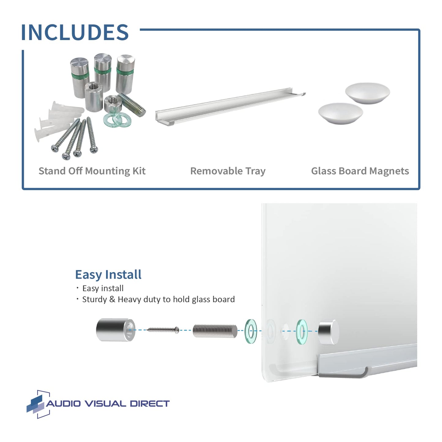 Audio-Visual Direct Magnetic Ultra White Glass Dry-Erase Board Set - 40" x 35" - Includes Magnets, Hardware & Marker Tray