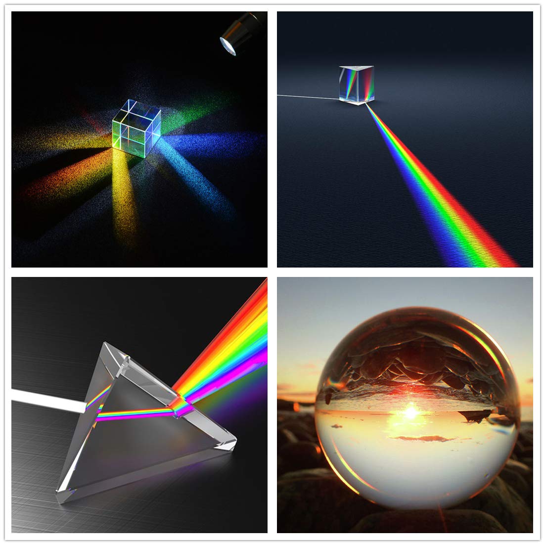 QFkris 4 Pack K9 Optical Crystal Photography Prism Set and Glass Mixing Color Cube Bundle