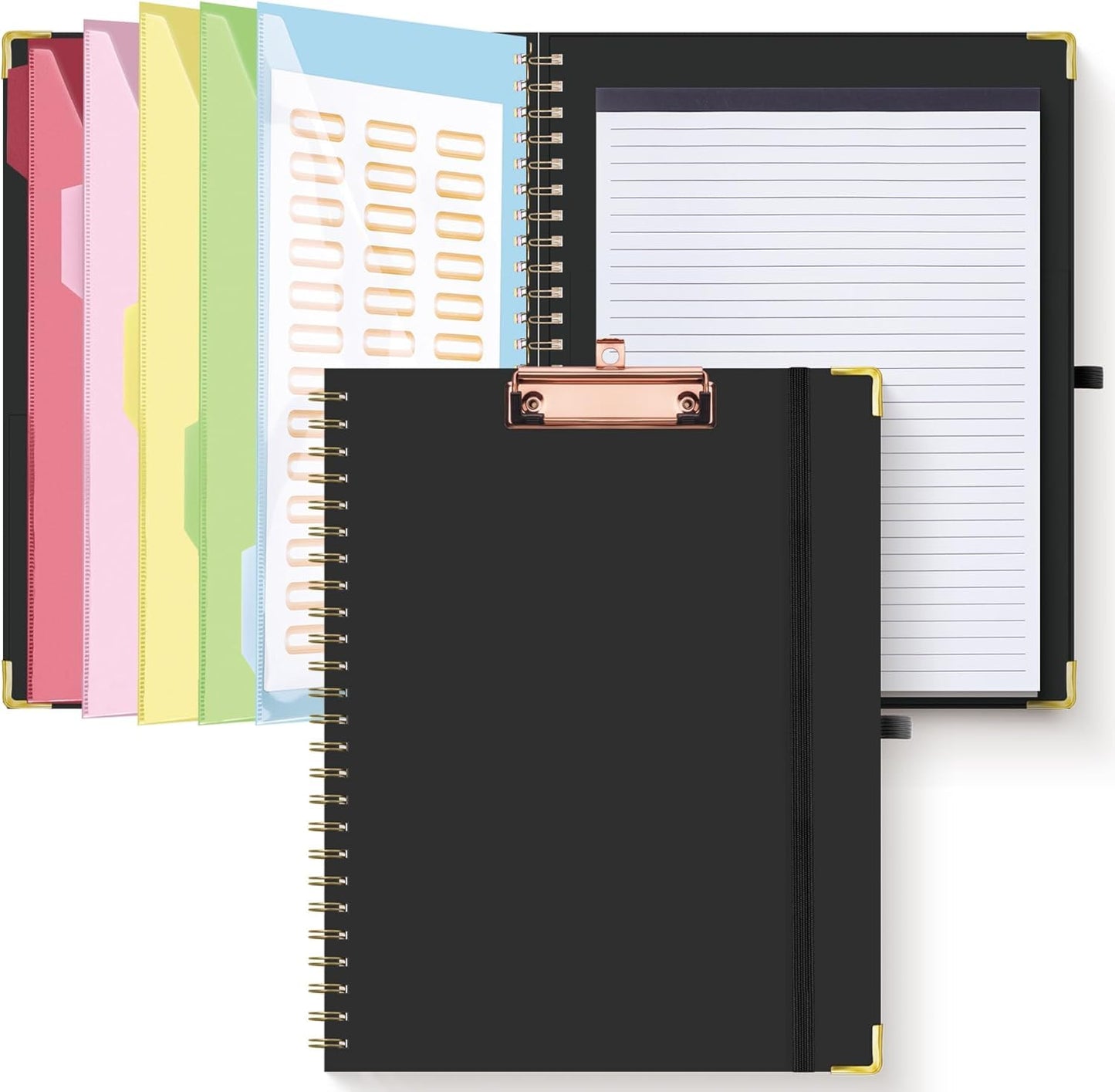 HAUTOCO Clipboard Folio with Refillable Lined Notepad for Letter Size (11" x 8.5"), 5 Dividers with 10 Pockets, Elastic Pen Holder and File Folder Labels, Spiral Nurse Clipboard Artboard(Black)