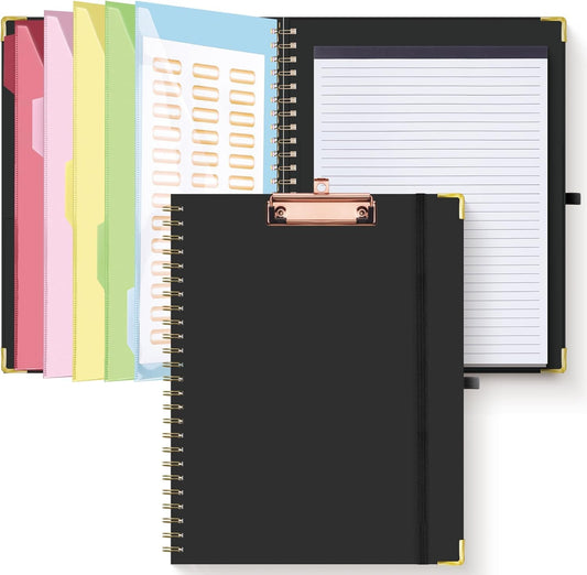 HAUTOCO Clipboard Folio with Refillable Lined Notepad for Letter Size (11" x 8.5"), 5 Dividers with 10 Pockets, Elastic Pen Holder and File Folder Labels, Spiral Nurse Clipboard Artboard(Black)