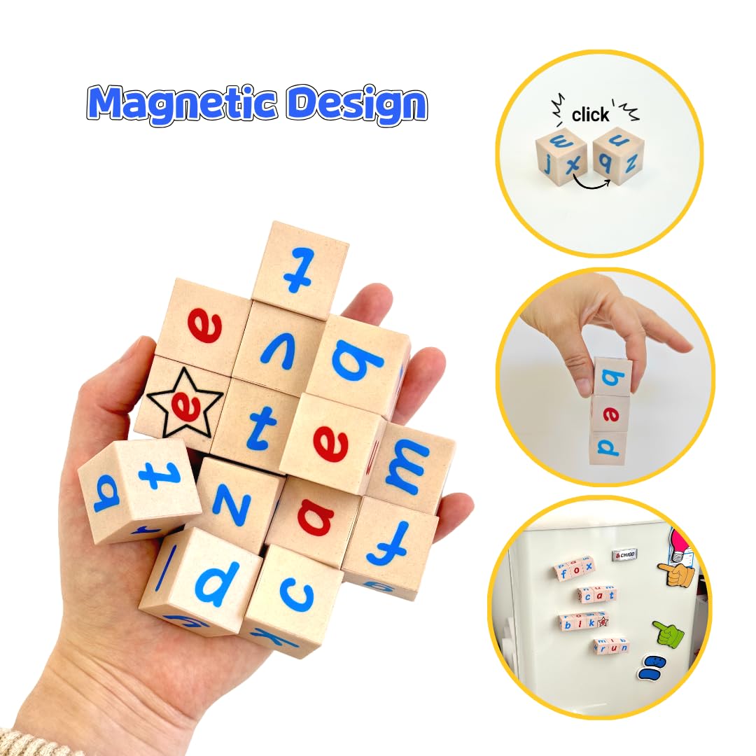 Magnetic CVC Letter Cubes Writing Boards Set. 32 Magnet ABC Blocks, 2 Magnetic Spelling Boards, 100 Word Building Cards, CVC/CVCC Literacy Spelling Reading Alphabet Manipulative Phonemic Awareness