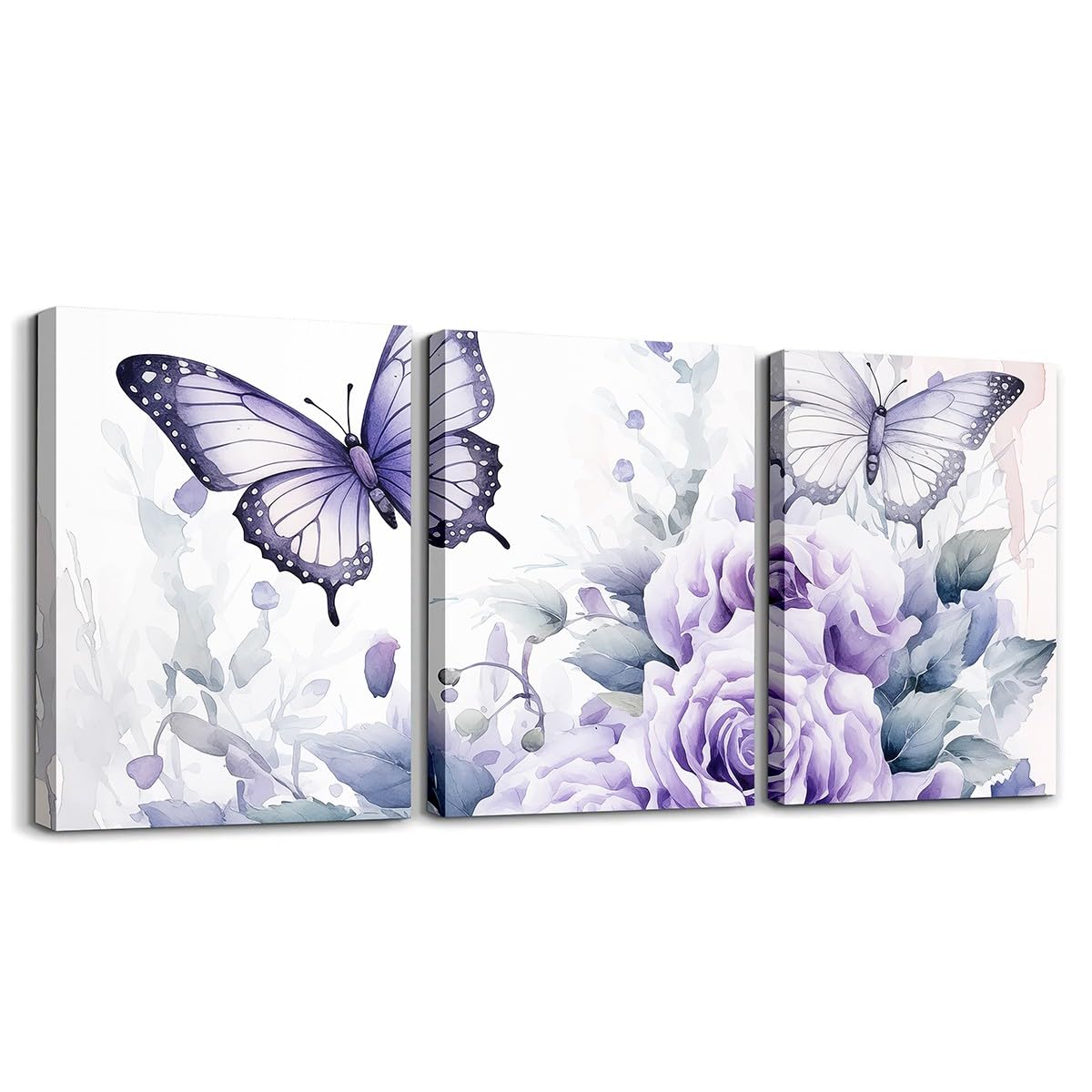 Feelyou Light Purple Rose 3 Piece Canvas Wall Art for Living Room Bedroom Butterfly Wall Art for Home Decor Floral Flower Office Wall Decor Romantic Theme Wall Painting