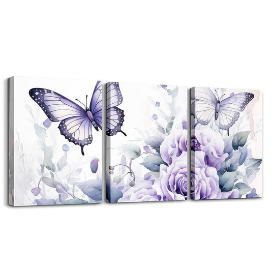 Feelyou Light Purple Rose 3 Piece Canvas Wall Art for Living Room Bedroom Butterfly Wall Art for Home Decor Floral Flower Office Wall Decor Romantic Theme Wall Painting