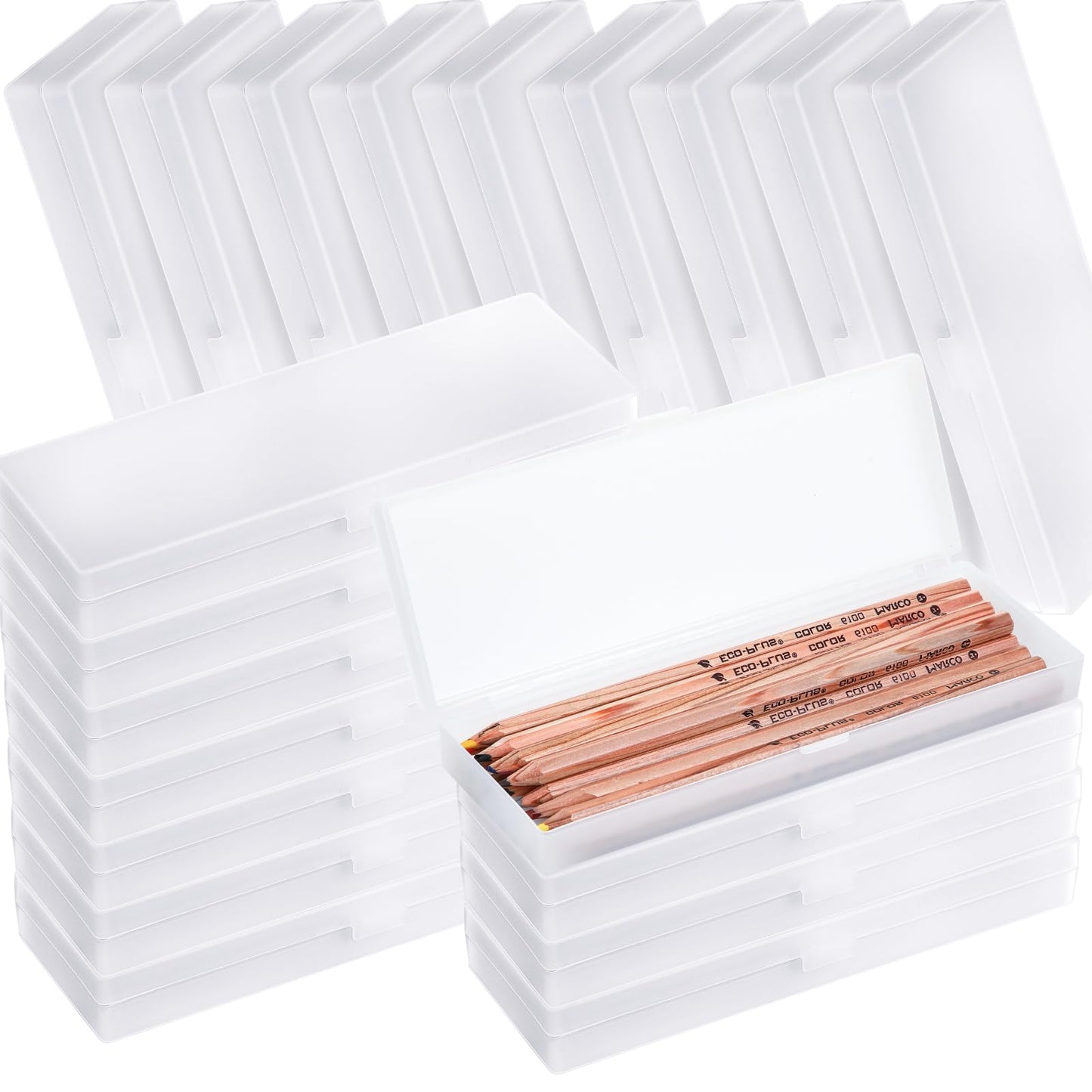 Crtiin 100 Pack Pencil Boxes Bulk Clear Plastic Pencil Case Mini Pen Box for School Plastic Storage with Hinged Lid for Pen School Office Supplies Organization (7.17 x 2.36 x 0.94 in)