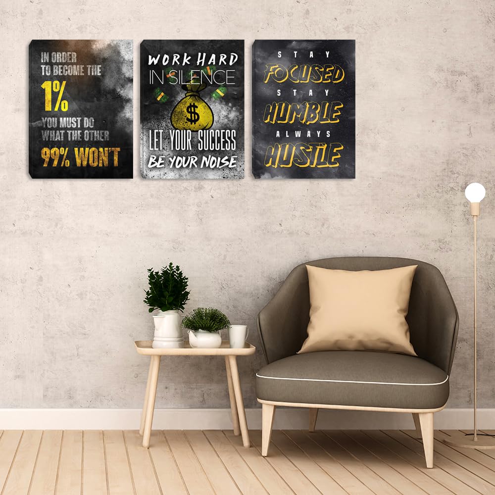 Motivational Canvas Wall Art Inspirational Success Quotes Wall Art Retro Black White Poster Hangs Picture Hustle Canvas Painting Artwork for Office Bedroom Living Room Workplace (36''Wx 16''H)