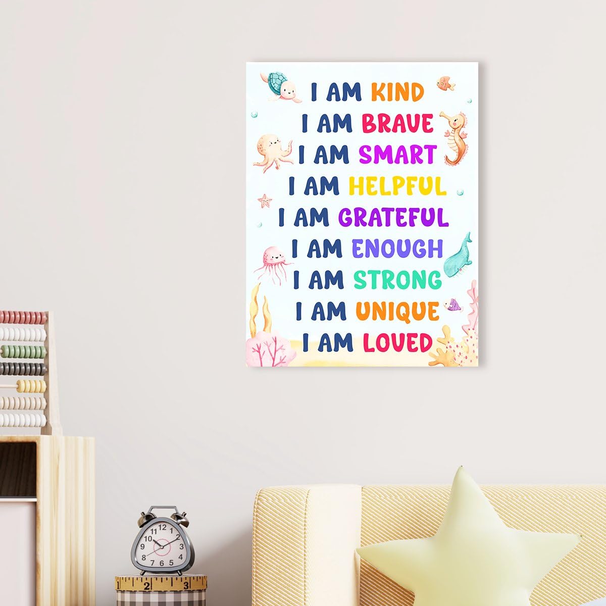 OTINGQD Positive Affirmations Wall Decor for Kids,I Am Kind Smart Canvas Wall Art,Nursery Marine Animal Wall Art,Inspirational Wall Decor for Kids Room Classroom Nursery