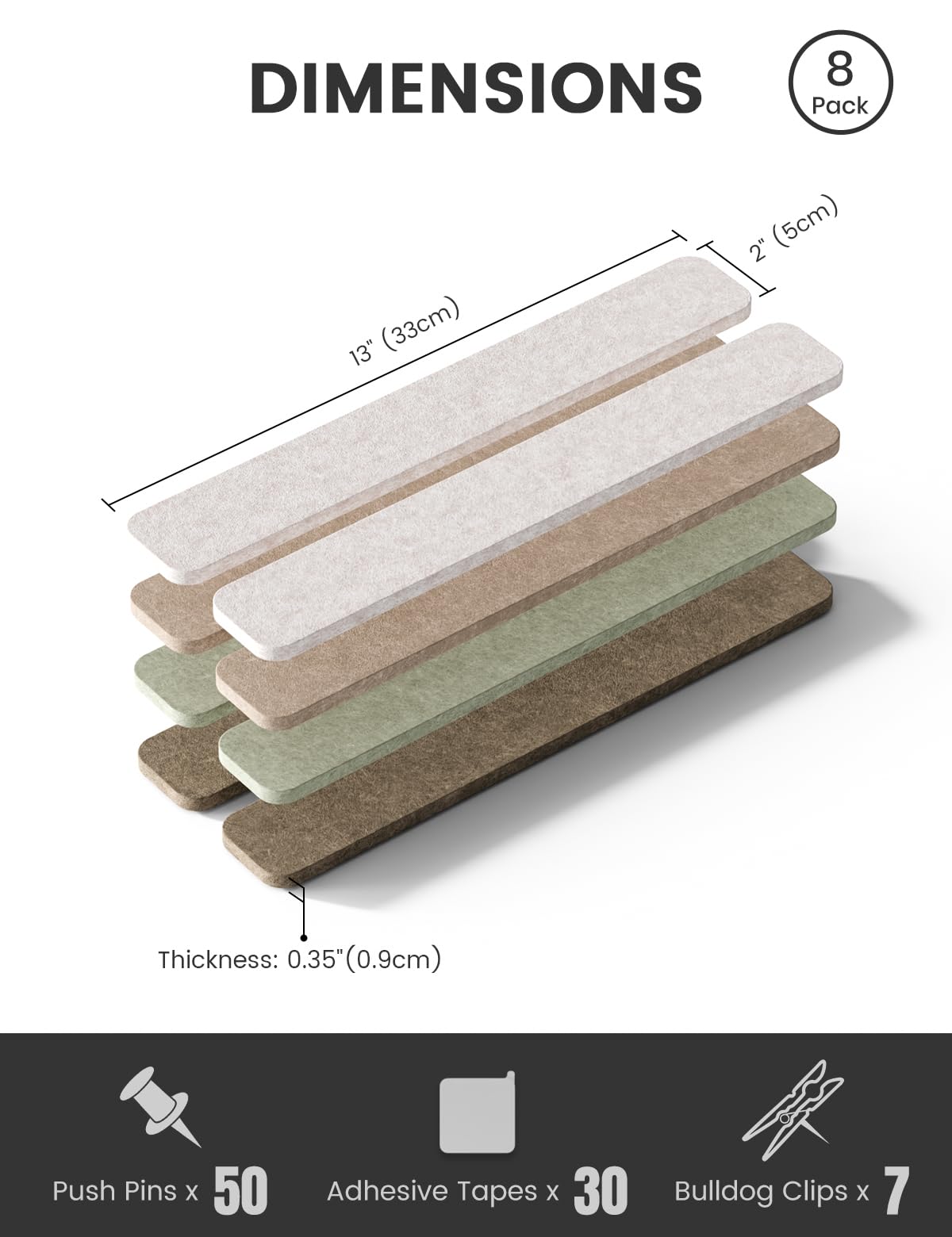 Fluxynara Cork Board Alternative Felt Strip Board 8-Pack 13"x2", Office Pin Board with 50 Push Pins, Adhesive Install for Bedroom Door & Home Office (Linen Dusk)