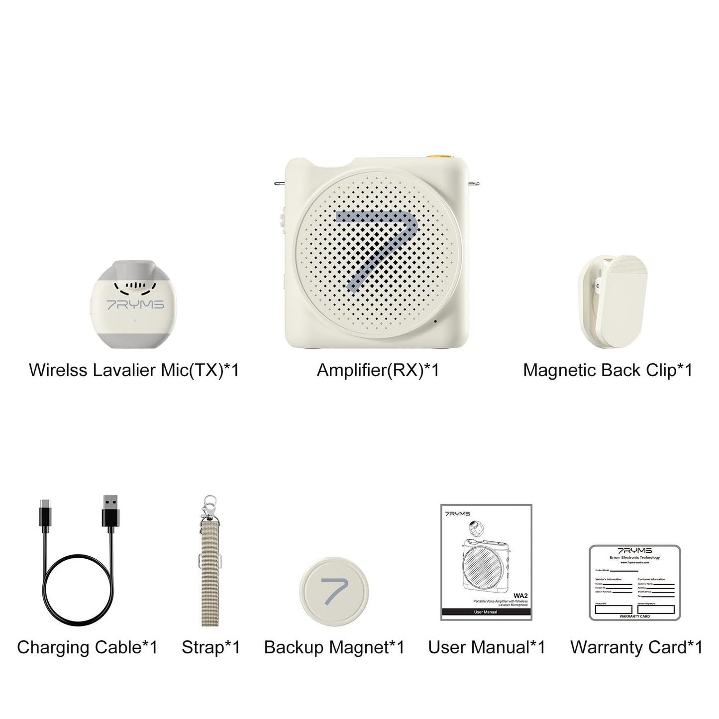 7RYMS WA2 Voice Amplifier for Teachers with Wireless Lavalier Microphone,Portable Speaker for Classroom,Speech,Training Outdoor,Mini Speaker Clip-On Mic- Noise Canceling,164ft Range,23H Working-White
