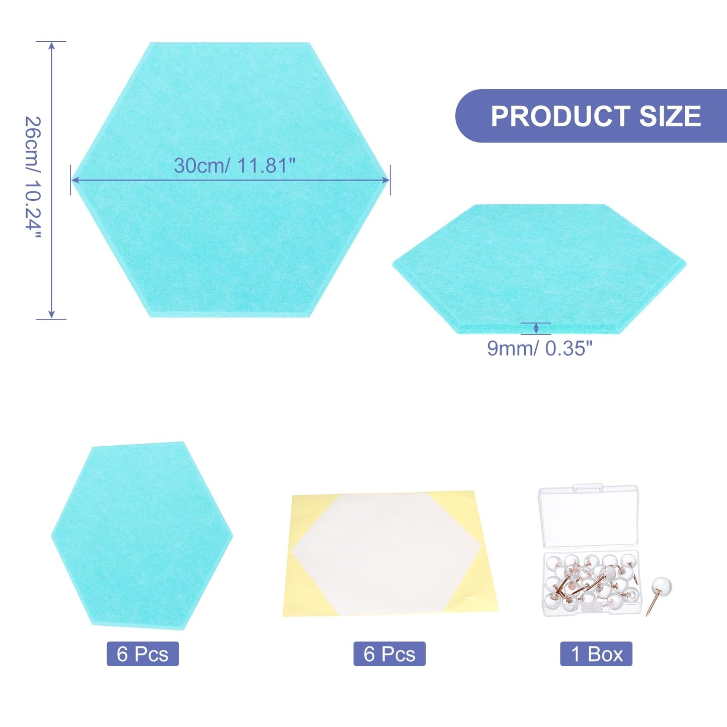 PATIKIL Felt Bulletin Board, 12"x10", 6 Packs Self Adhesive Hexagon Felt Tiles for Sound Proofing Wall Panels for Home Office Recording Studio,Game Room, Lake Blue