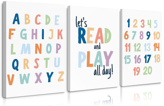 Kids Playroom Wall Art Decor Alphabet Poster Play Room Canvas Wall Decor ABC Nursery Wall Art 123 Toddler Poster Let's Read for Boy Girl Room 12x16 Inch Framed Set of 3