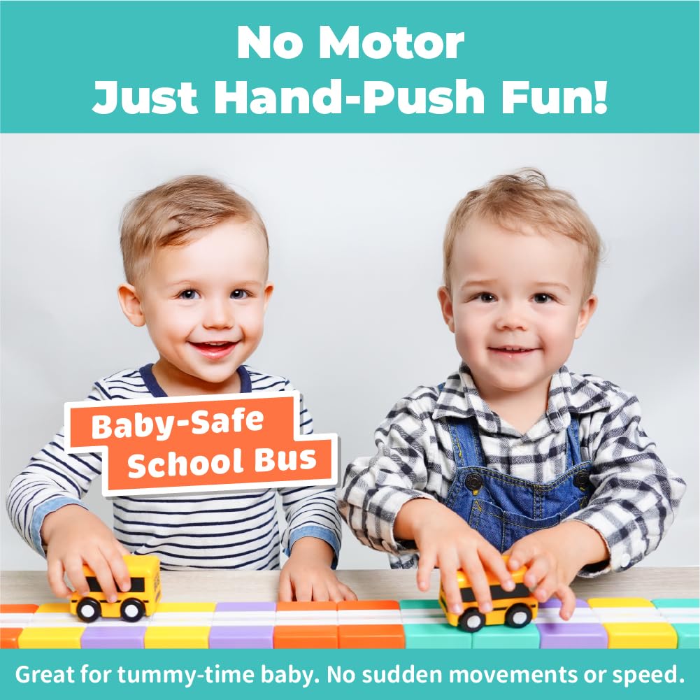 QBI Magnetic Blocks for Toddlers 1-3｜School Bus Toy Set with 12 Pastel Track Cubes｜STEM Montessori Educational Toys for 1 Year Old Boys & Girls｜Safe Large Building Bricks (13 Pieces Starter Pack)