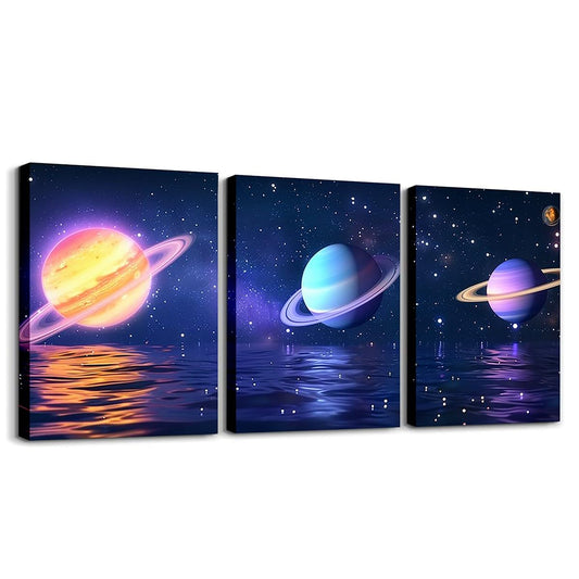 Star Decor Canvas Wall Art Set of 3 for Bedroom Living Room, Universe Outer Space Themed Paintings Wall Decor Blue Galaxy Wall Art, Colorful Planet Print Poster Prints Starry Sky Decor Artwork Prints
